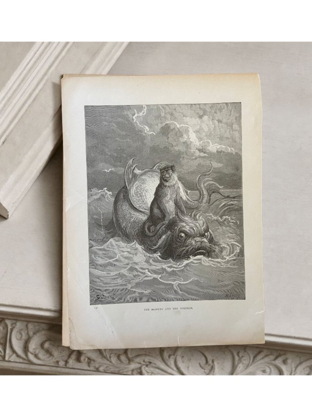1868 Gustave Doré Monkey & Dolphin La Fontaine Original Antique Engraving